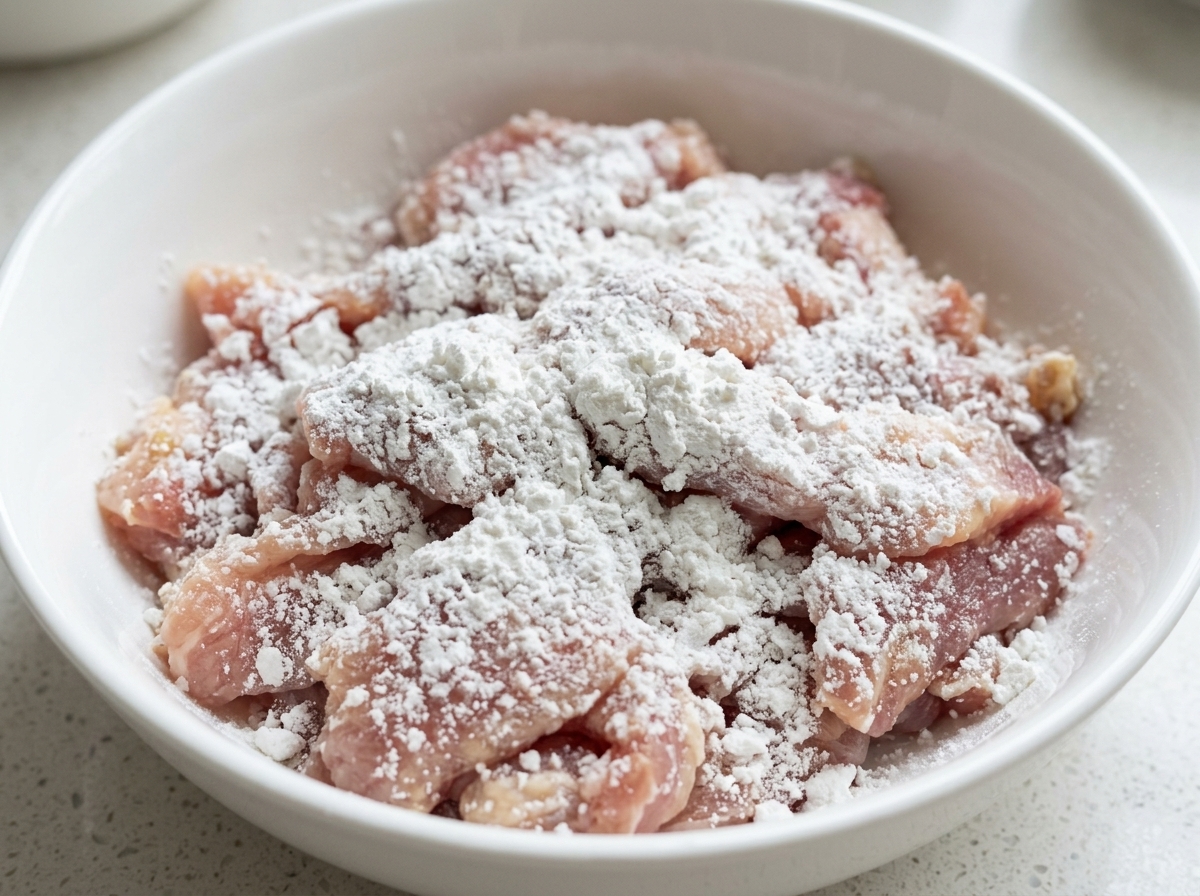 Farina di patate dolci a grana grossa, bianca e granulare, spolverata uniformemente su strisce di maiale crudo marinato in una ciotola di ceramica bianca.
