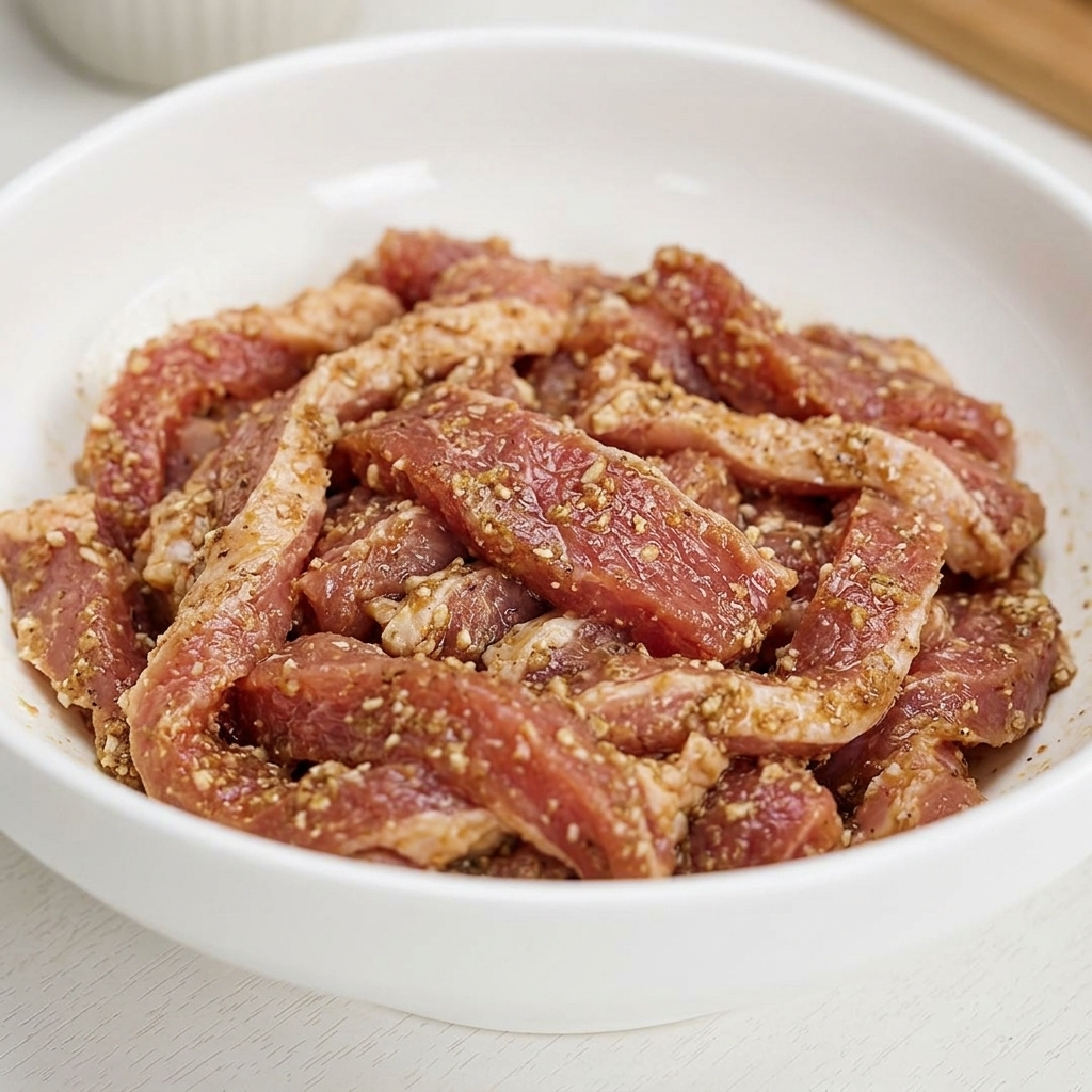 Strisce di maiale crudo marinato mescolate uniformemente e ricoperte da uno strato spesso e appiccicoso di farina di patate dolci e condimenti saporiti in una ciotola bianca.