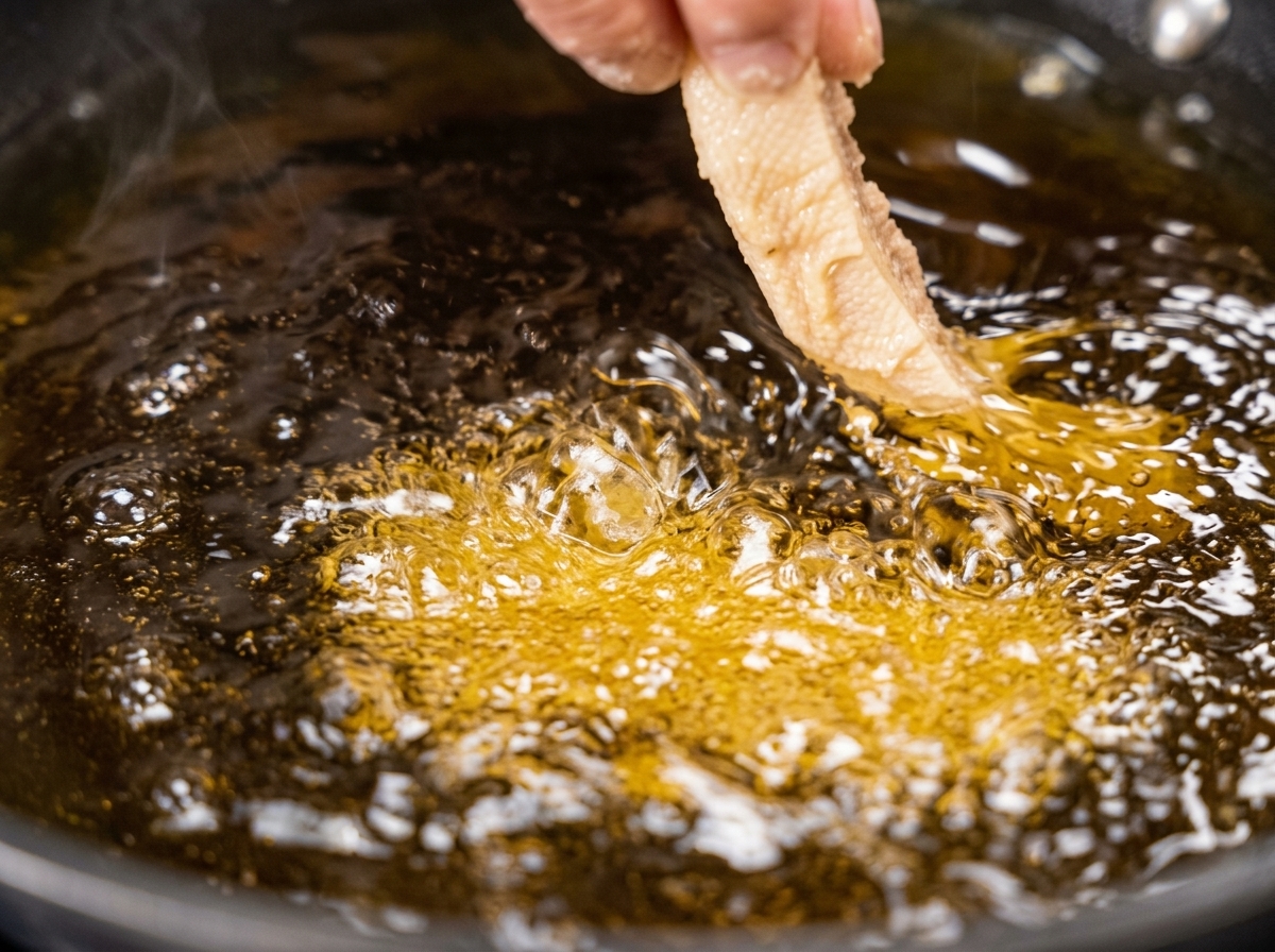 Dita che immergono con cura una striscia di maiale crudo impanato in una padella di olio per friggere caldo e spumeggiante.