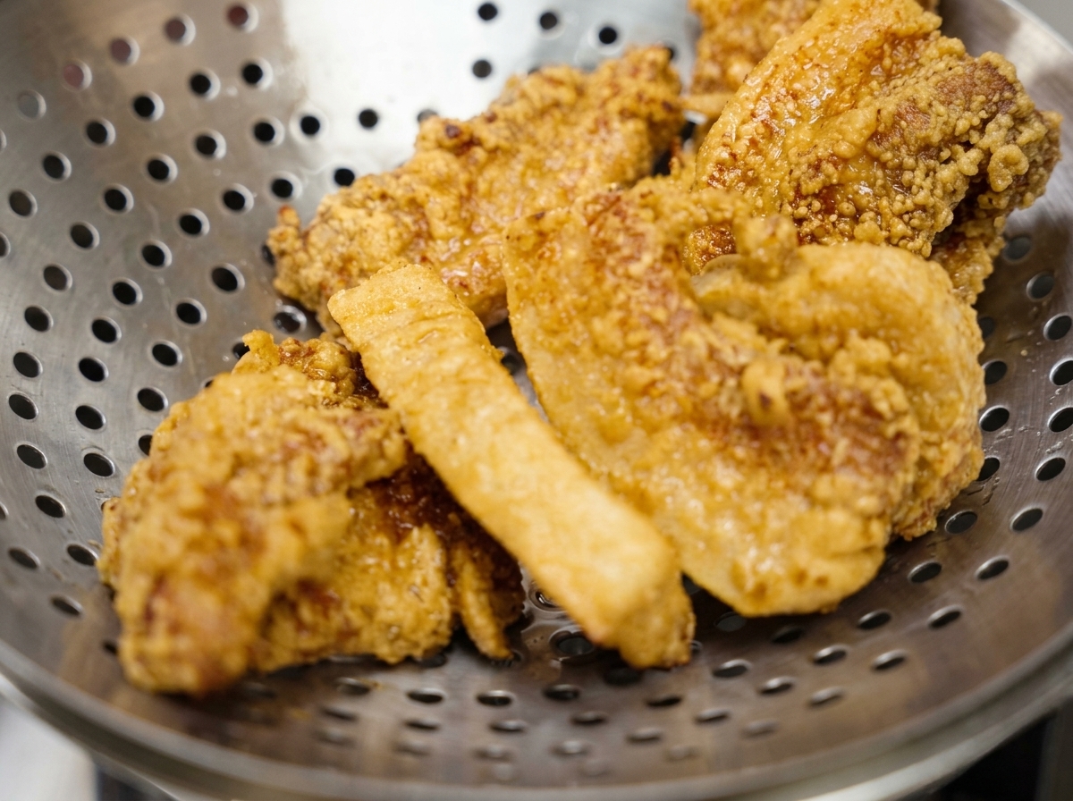 Una schiumarola di metallo che tiene diversi pezzi di maiale appena fritto e dorato, lasciandoli scolare sopra la padella dellolio.