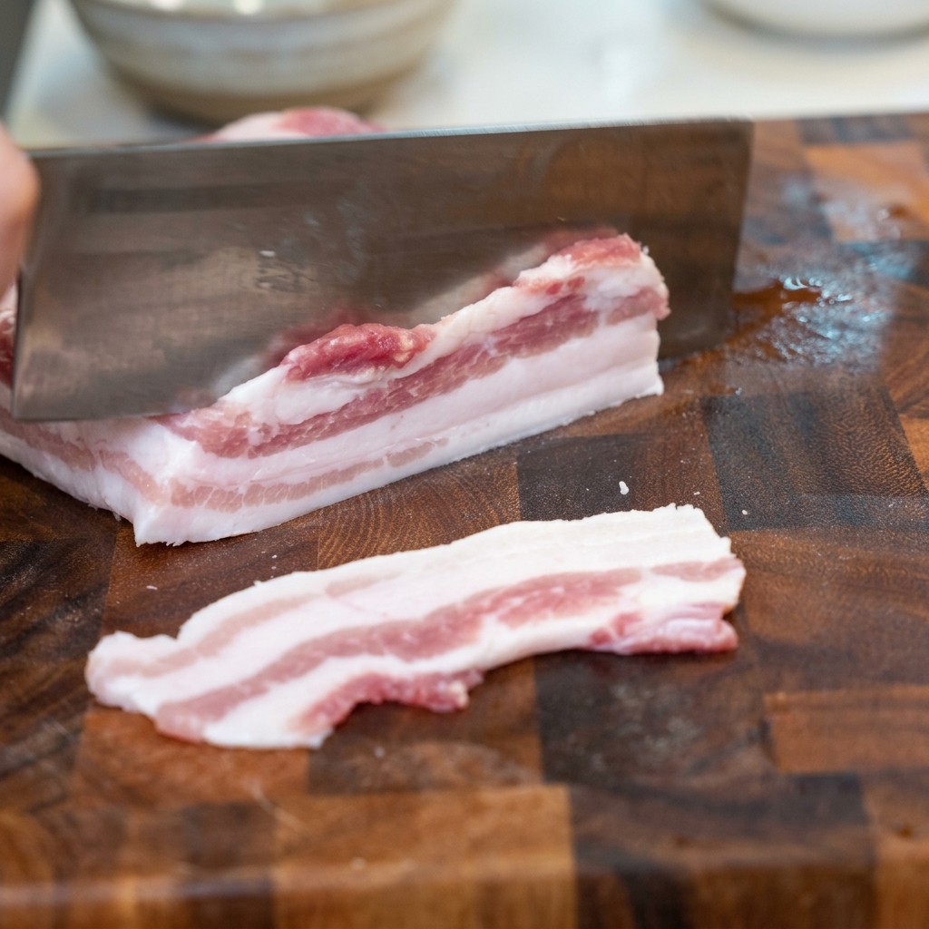 Un coltello affilato che taglia un pezzo di pancetta di maiale cruda su un tagliere di legno scuro con una fetta spessa in primo piano.