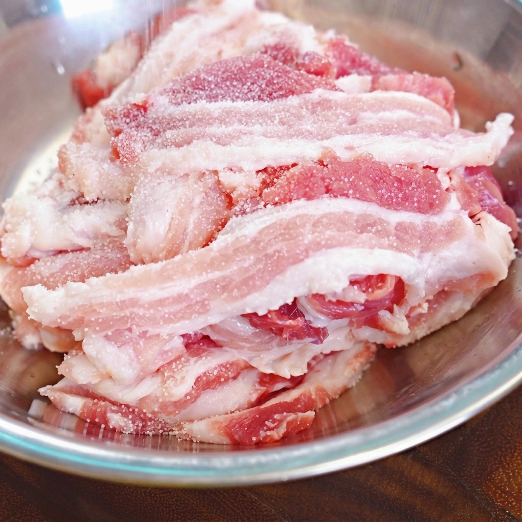 Grani fini di sale bianco che vengono spolverati su un mucchio di fette di pancetta di maiale cruda allinterno di una ciotola di acciaio inossidabile.