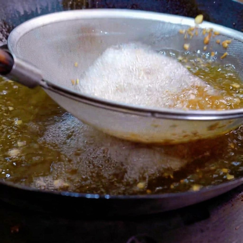 Aglio tritato che frigge allinterno di un colino a rete metallica immerso nellolio di cottura bollente.