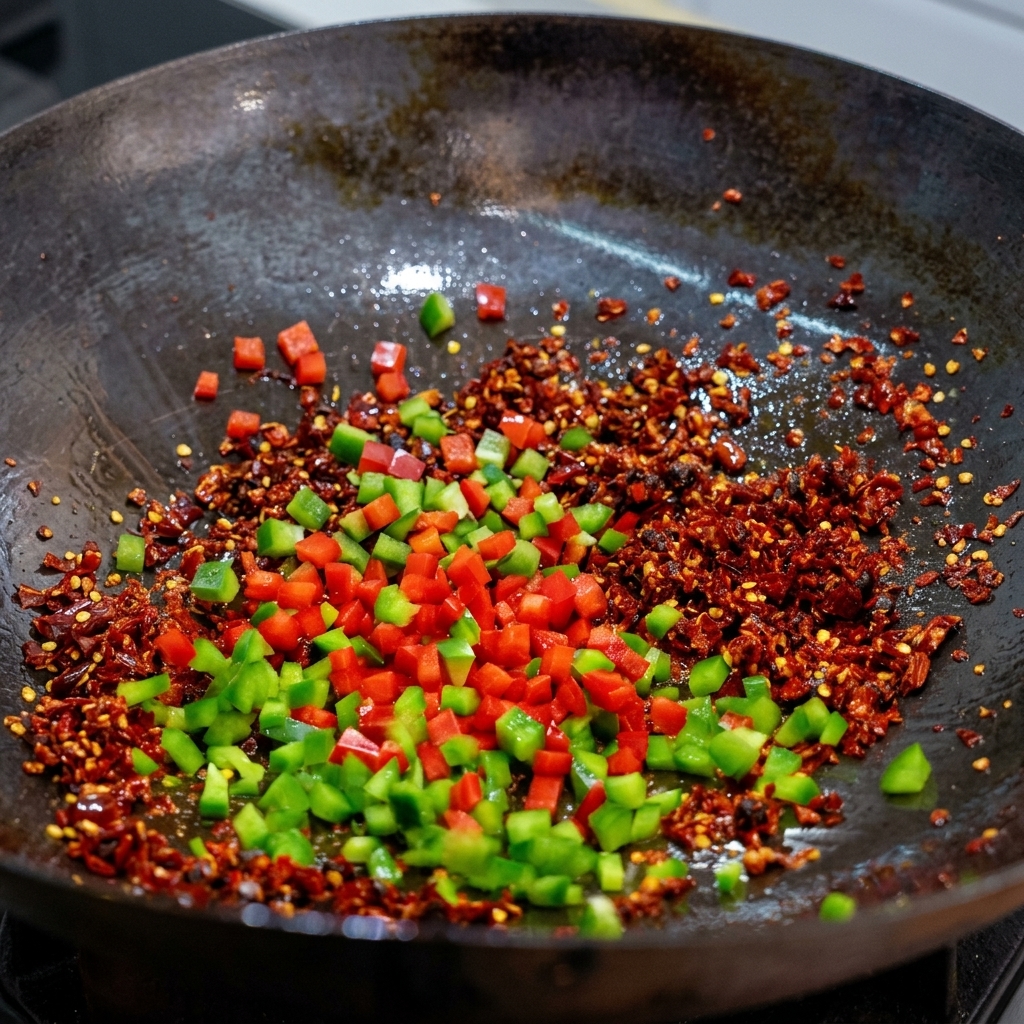 Peperoncini rossi e verdi freschi tagliati a dadini che saltano con peperoncino secco e fagioli neri in un wok scuro.