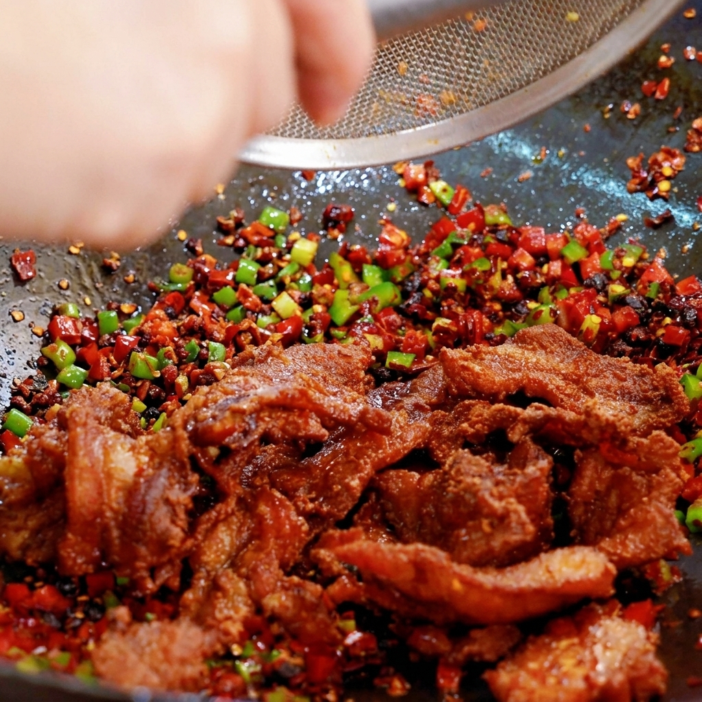 Pezzi di pancetta di maiale fritta e croccante che vengono versati da una schiumarola in un wok con peperoncini e aromi saltati.
