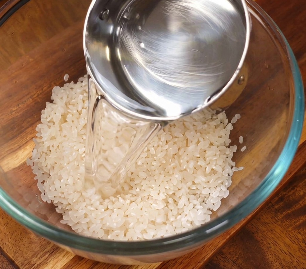 Acqua limpida versata da un misurino in acciaio inossidabile in una ciotola di vetro contenente riso bianco lavato.