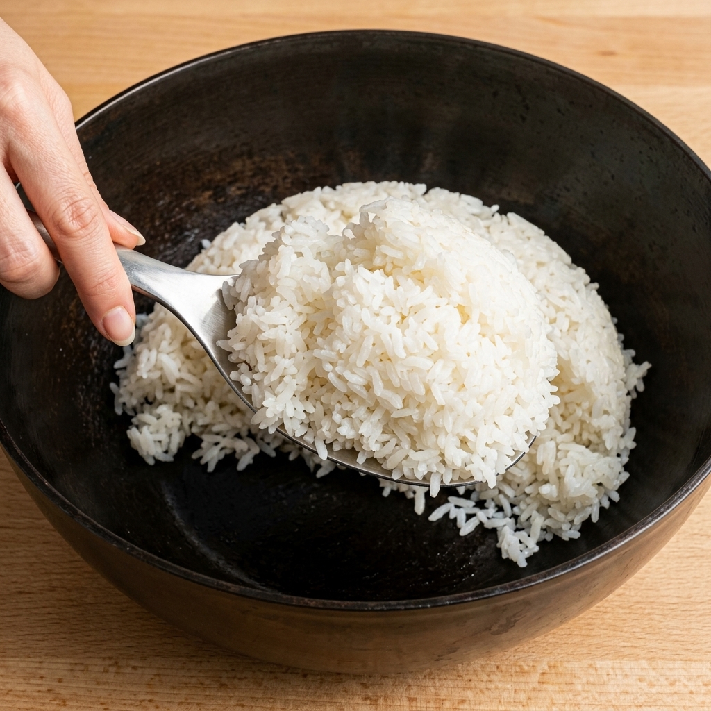 Una mano che usa un grande cucchiaio di metallo per servire riso per sushi sgranato e profumato in una ciotola di ceramica scura.