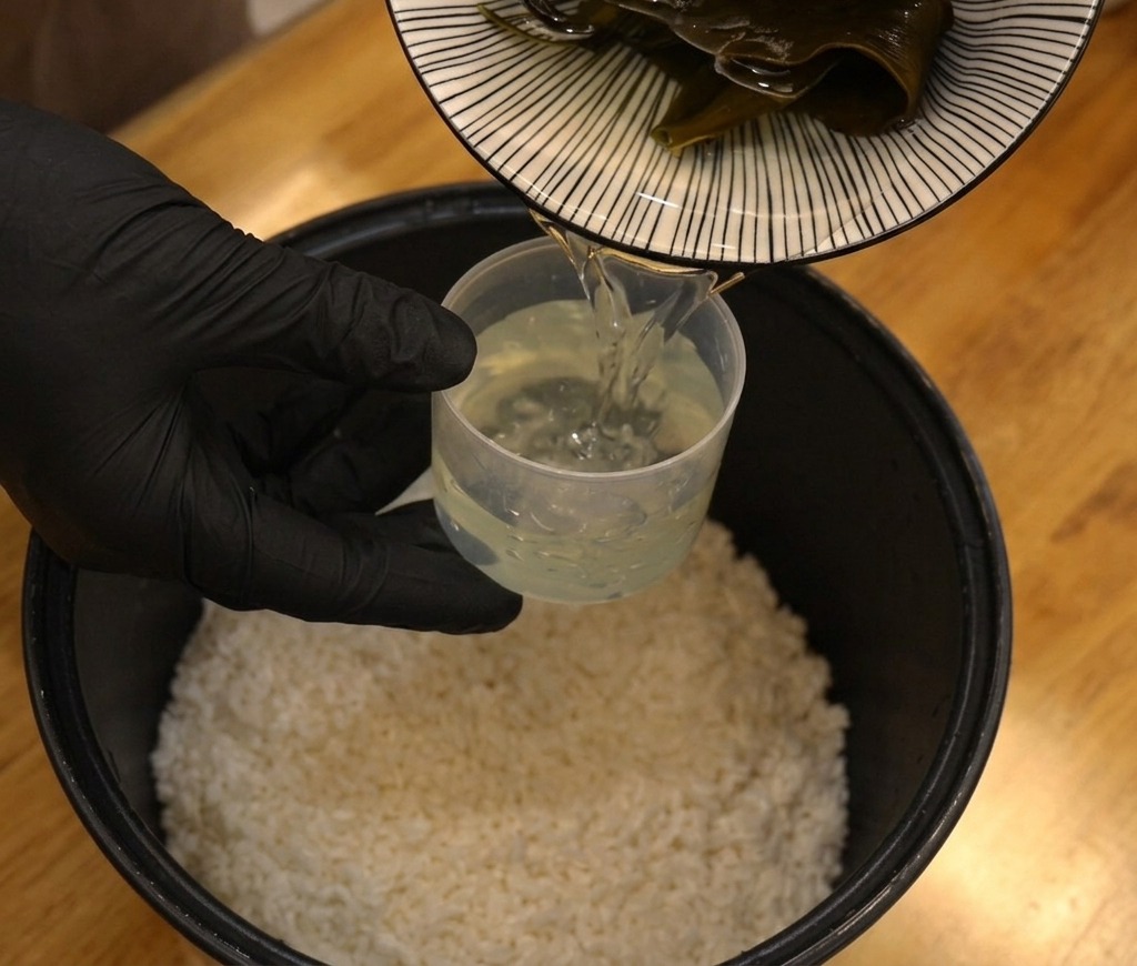 Una persona con guanti neri versa acqua da un misurino in una pentola nera piena di riso bianco crudo mentre tiene un piatto con foglie di alga kombu.