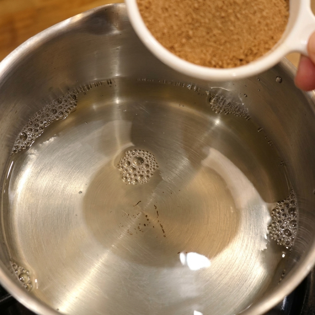 Zucchero di canna versato da un misurino bianco in un pentolino di acciaio inossidabile pieno di aceto di riso limpido.