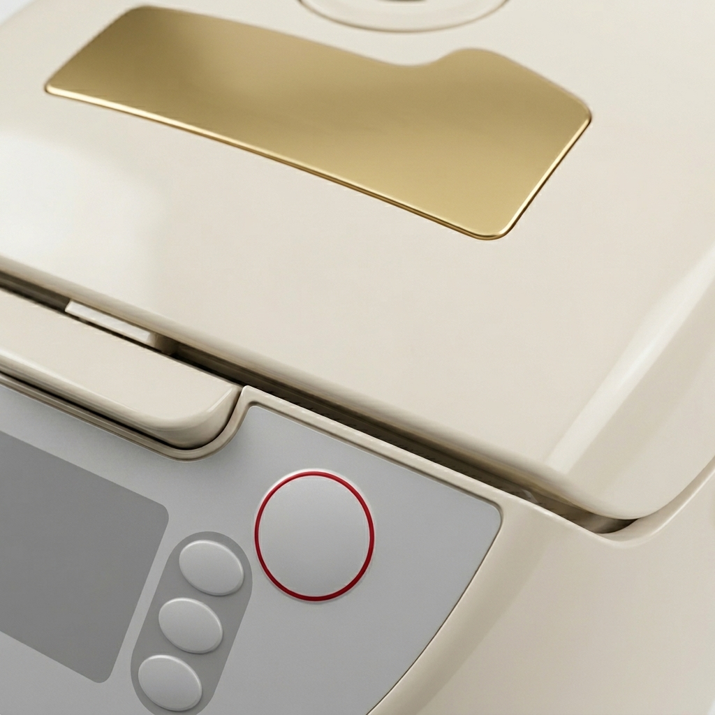 Un primo piano di una persona che preme il pulsante di avvio su un modern cuociriso elettrico color crema e oro.