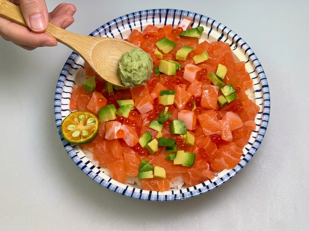 Un cucchiaio di legno posiziona una pallina di wasabi verde su una bowl di riso con salmone e avocado, accanto a un piccolo lime calamansi tagliato a metà.