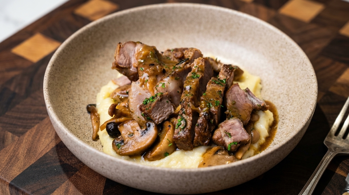 Braciole di Maiale al Burro e Funghi con Purè di Patate