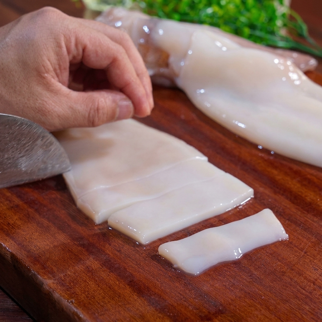 Un primo piano del coltello da chef che taglia il corpo di un calamaro crudo, bianco e pulito, su un tagliere di legno.