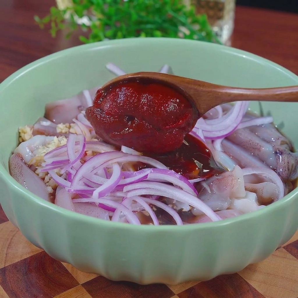Un cucchiaio di legno che aggiunge una generosa dose di pasta di peperoncino rosso vivo in una ciotola verde piena di calamari crudi e fette di cipolla.