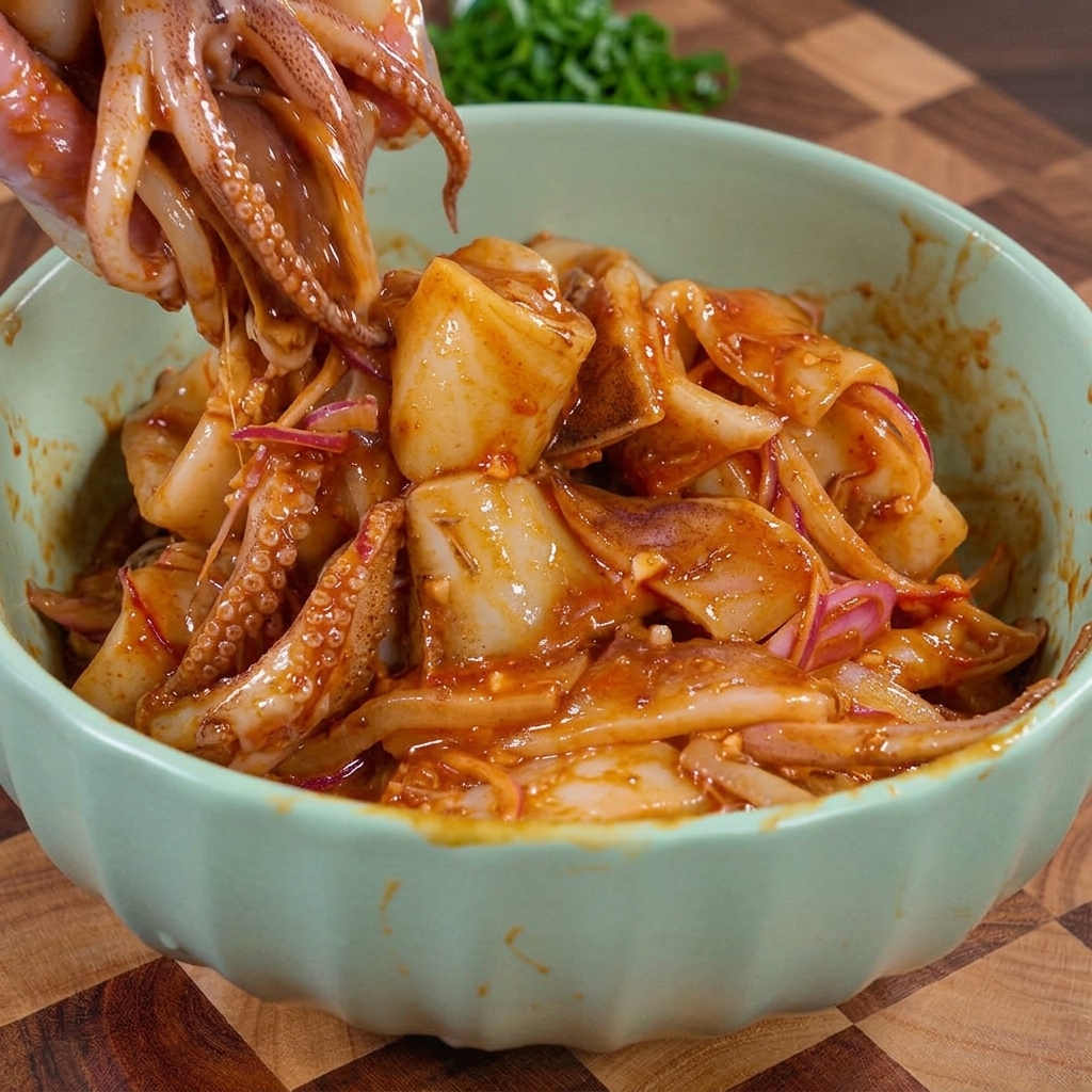 Una mano che mescola e solleva listarelle di calamaro crudo condite e rivestite di una salsa rossa saporita e fette di cipolla dentro una ciotola verde chiaro.