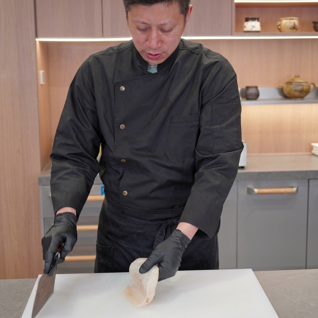 Uno chef con guanti neri taglia con cura un tubo di calamaro crudo e bianco a pezzi su un tagliere di plastica usando una grande mannaia.