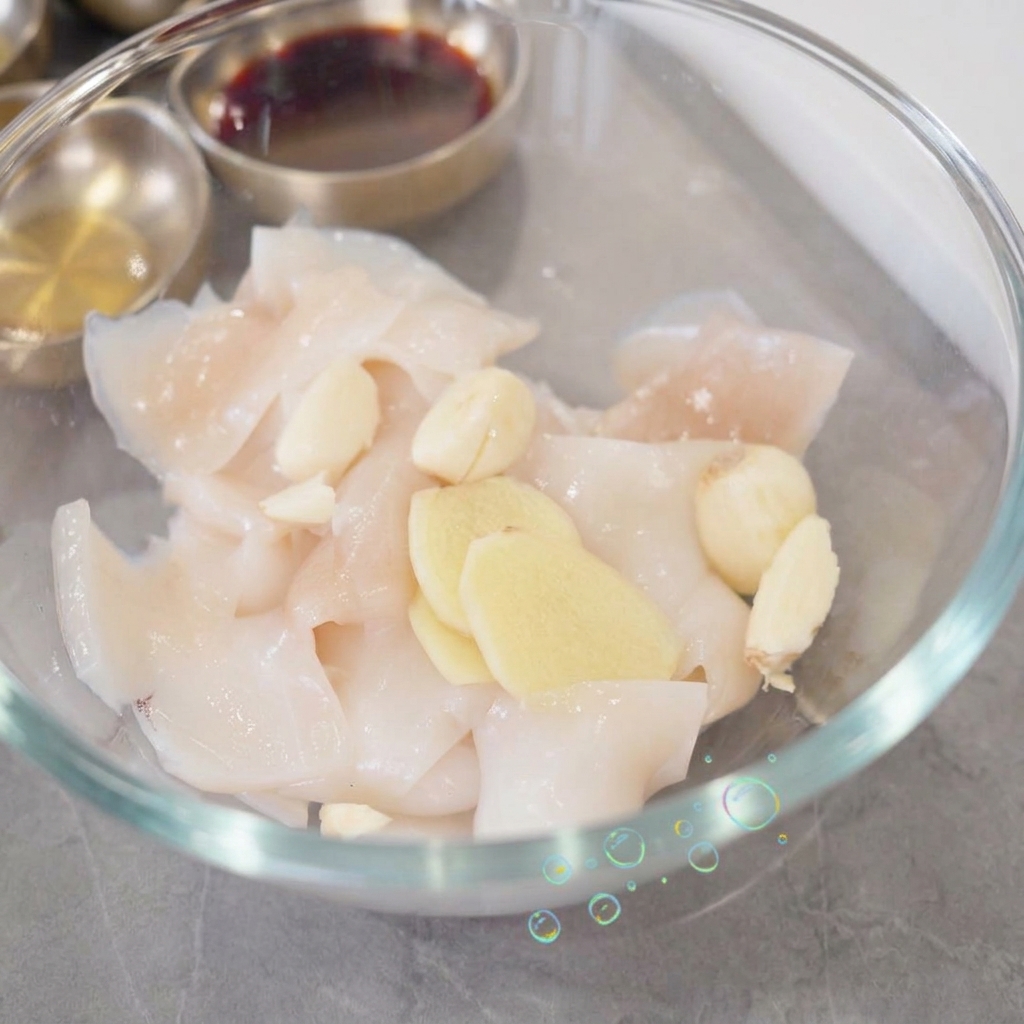 Fette di zenzero fresco e spicchi daglio interi sopra pezzi di calamaro crudo in una ciotola di vetro trasparente mentre viene versata la salsa di soia scura.