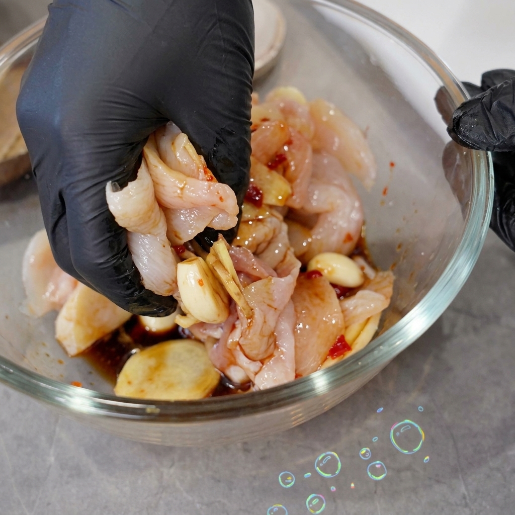 Una mano con un guanto nero mescola e massaggia a fondo una ricca marinatura marrone-rossastra sui pezzi di calamaro crudo in una ciotola di vetro.