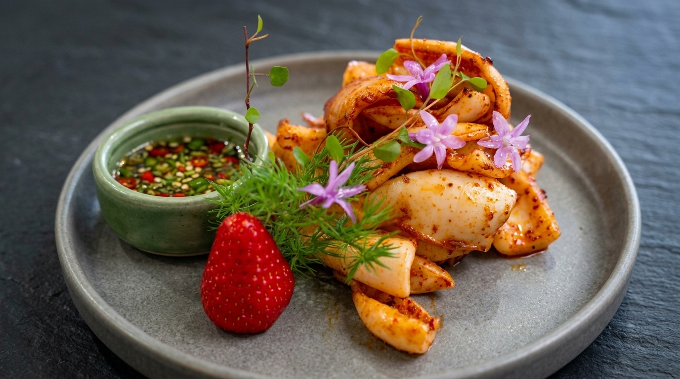 Calamari Croccanti Stile Grigliata al Carbone con Salsa Piccante agli Agrumi