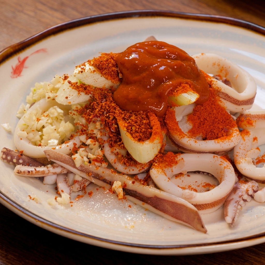 Una densa cucchiaiata di pasta di peperoncino coreana scura adagiata sopra i cipollotti, il peperoncino e i calamari sul piatto.