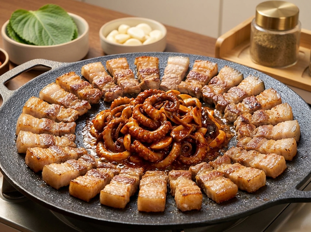 Una piastra rotonda con i pezzi di pancetta disposti a cerchio lungo il bordo e una montagnola di calamari marinati e cipolle al centro.