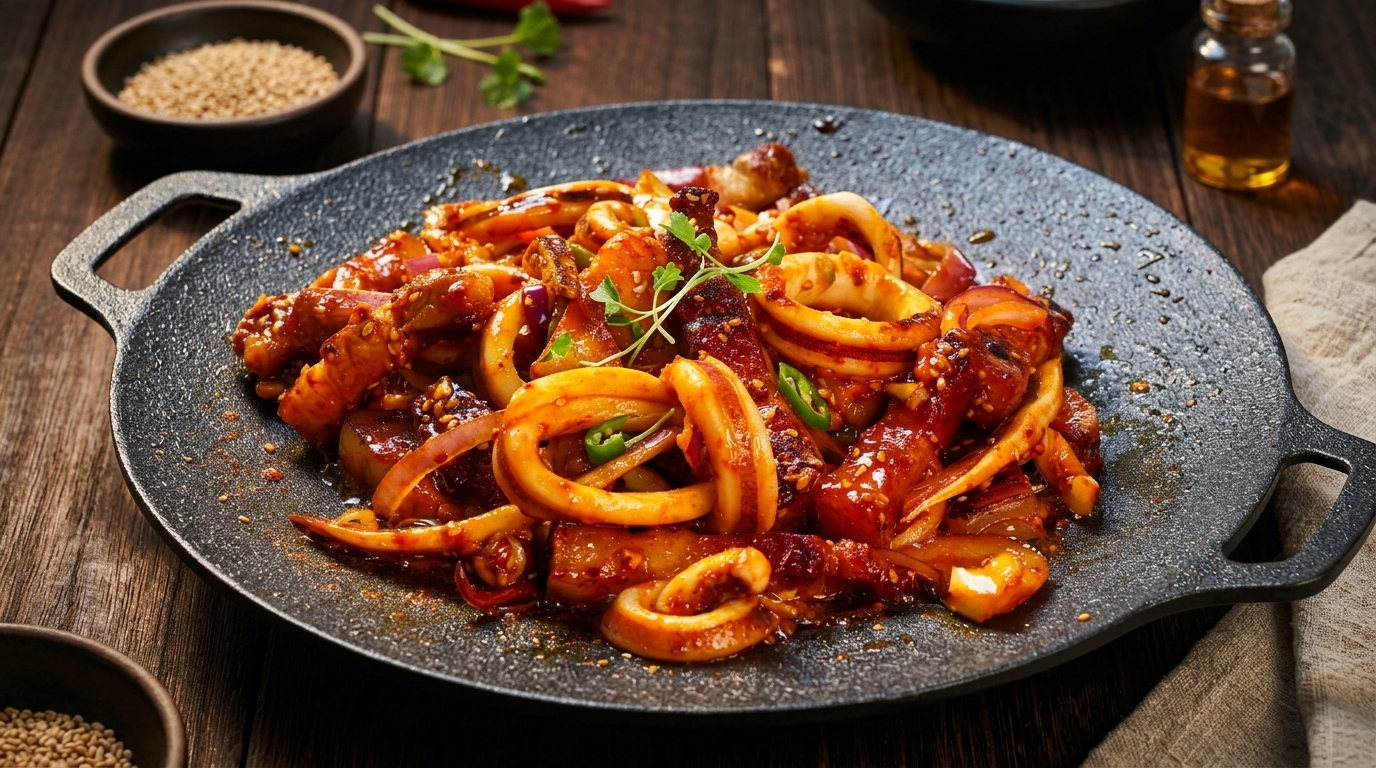 Osam Bulgogi: Calamari e Pancetta Piccanti alla Piastra Coreana