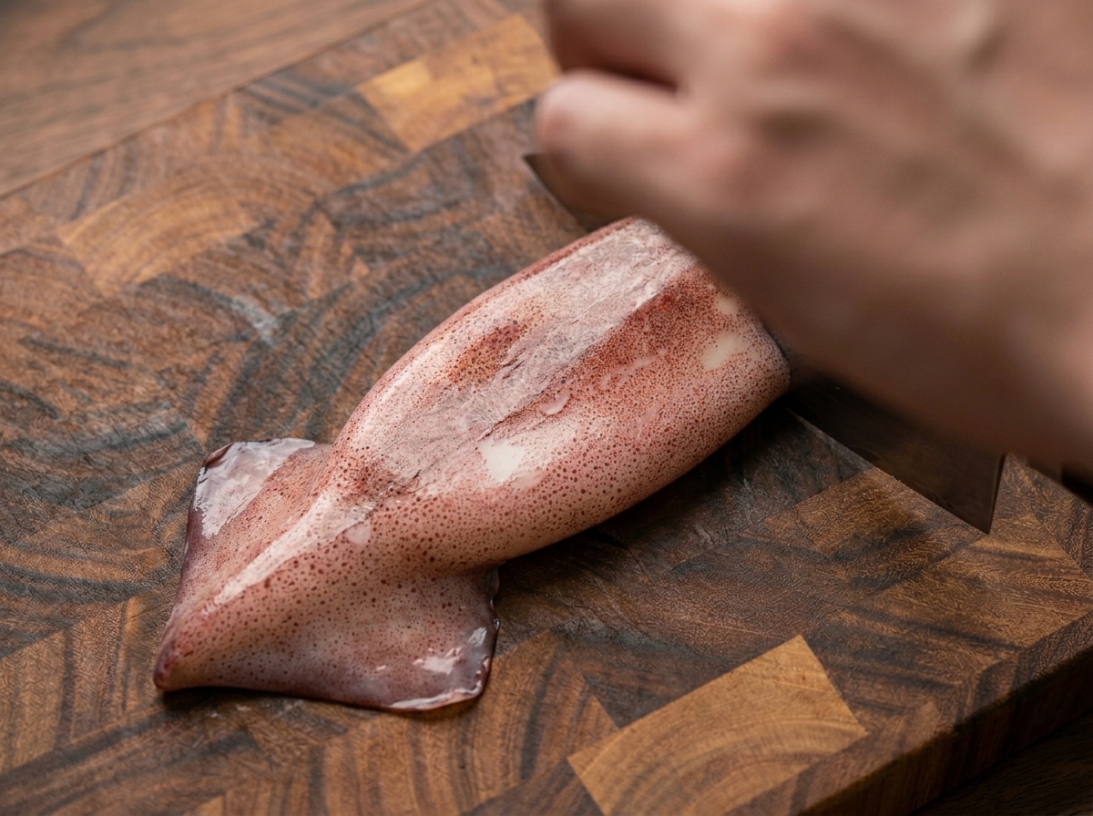 Una mano che usa un coltello da cucina per tagliare un calamaro fresco ad anelli su un tagliere di legno.