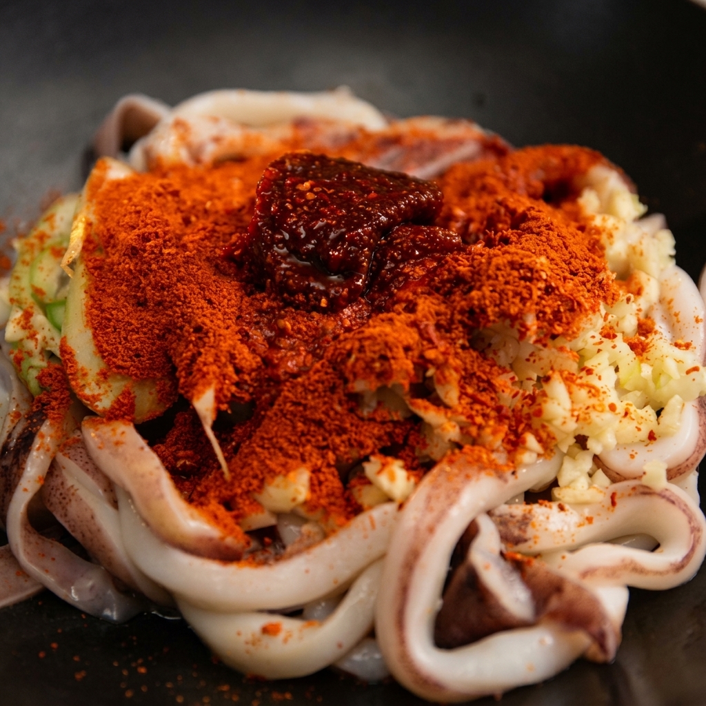 Una densa cucchiaiata di pasta di peperoncino coreana circondata da peperoncino in polvere sul calamaro condito.