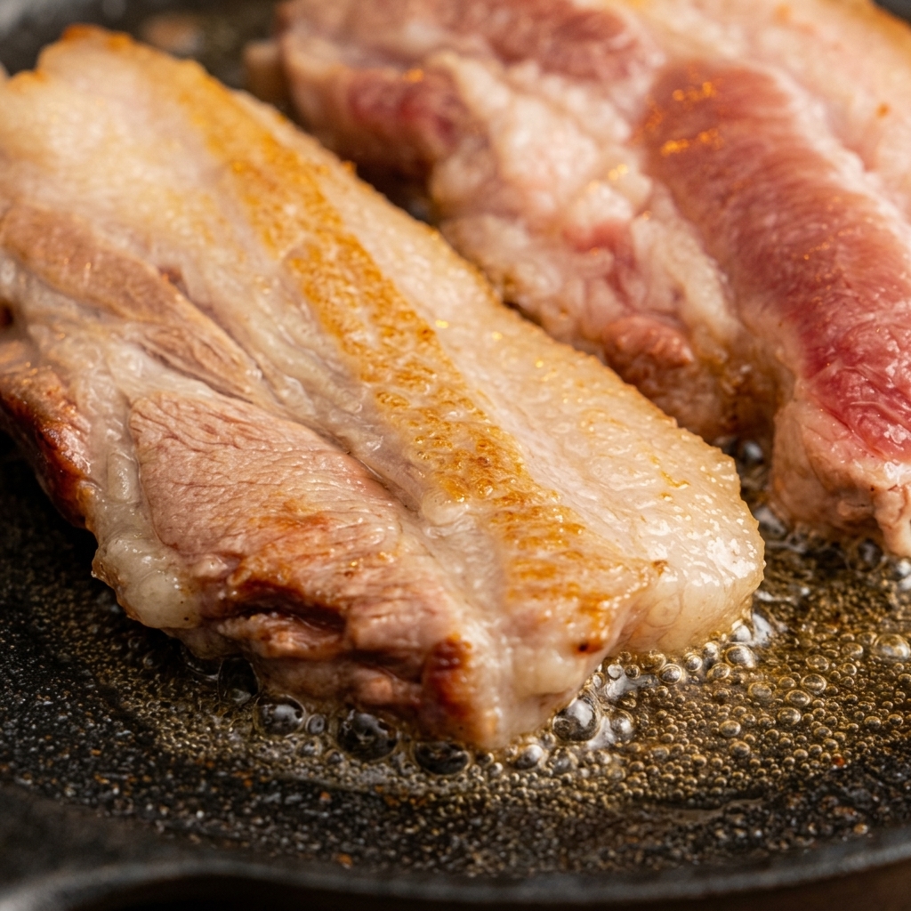 Fette spesse di pancetta che sfrigolano su una piastra di ghisa bollente, con bollicine di grasso sciolto intorno alla carne dorata.