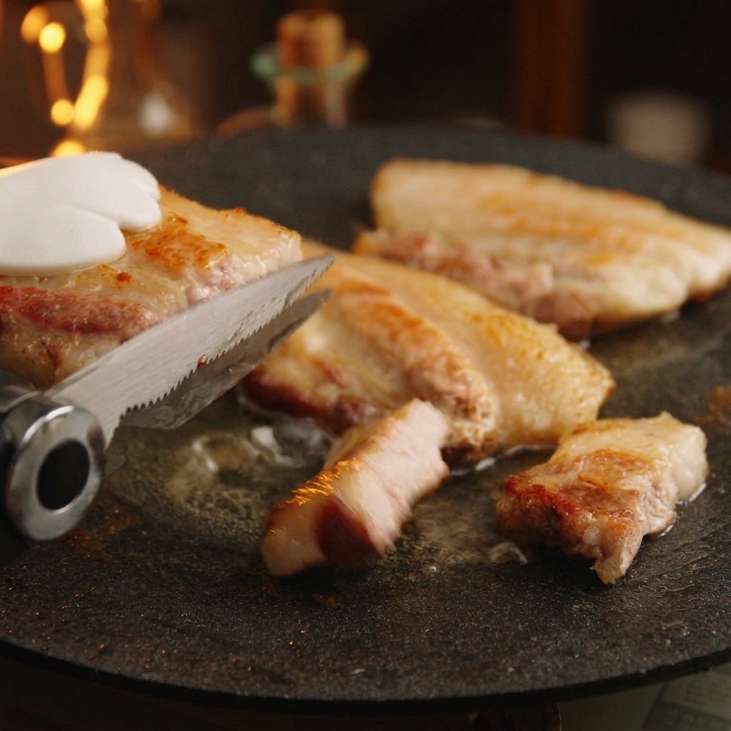 Forbici da cucina che tagliano una fetta di pancetta ben rosolata in pezzi più piccoli direttamente sulla piastra rovente.