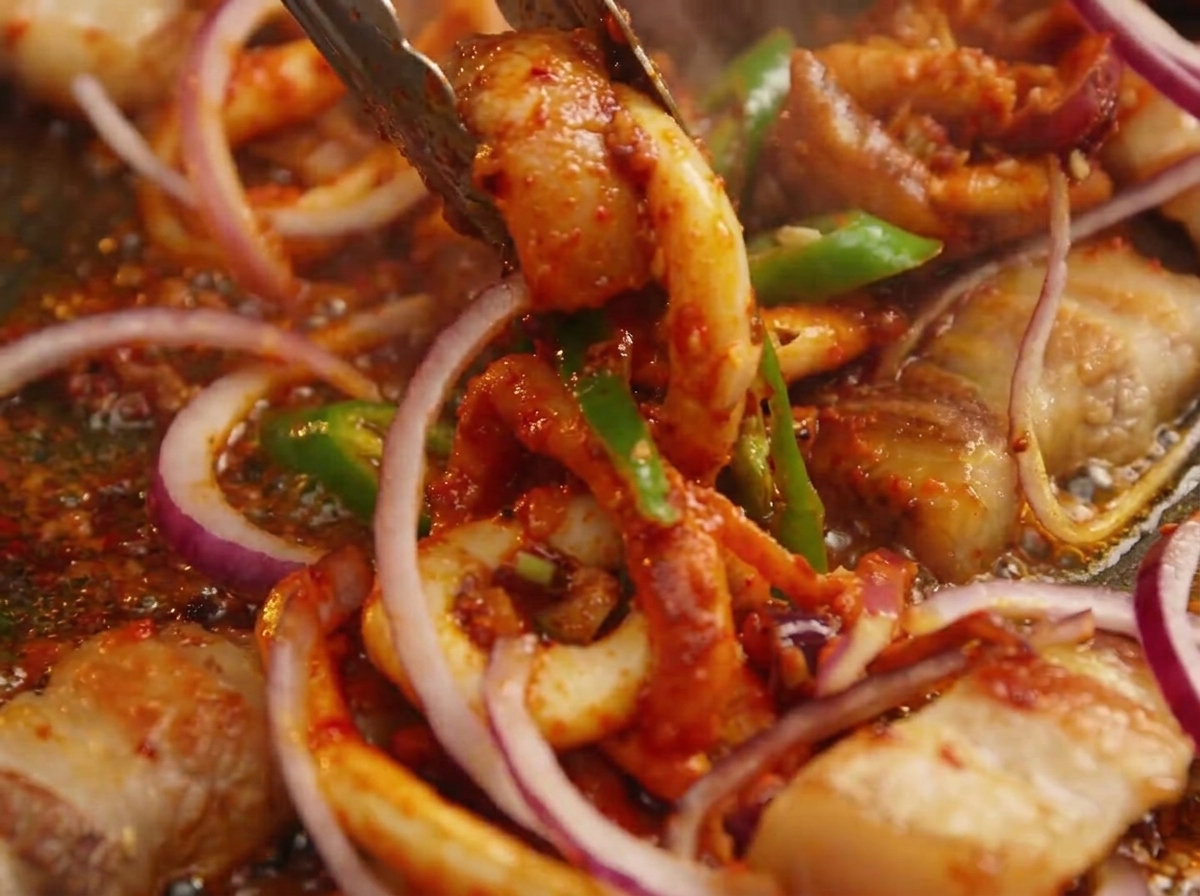 Calamaro piccante marinato, fette di cipolla rossa e pezzi di pancetta saltati energicamente insieme su una piastra di ghisa bollente con delle pinze metalliche.