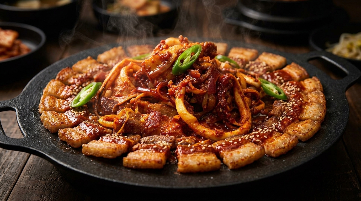 Osam-Bulgogi: Calamari e Pancetta Piccanti alla Piastra Coreana