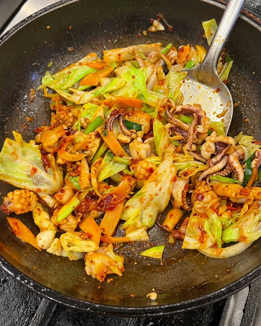 Un primo piano di calamari, pancetta, cavolo e carote fatti saltare con una spatola metallica allinterno di un wok, completamente avvolti da una lucida salsa rossa piccante.