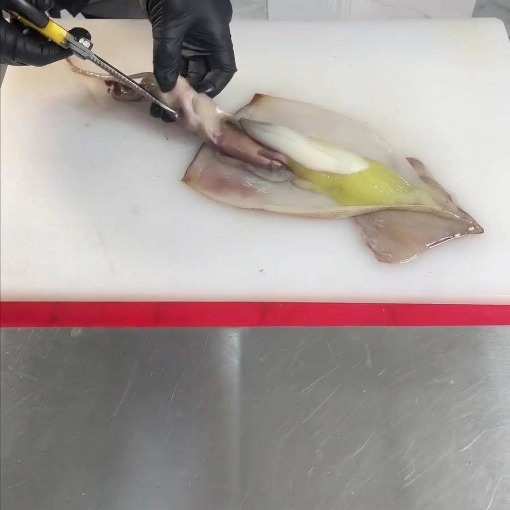 Mani con i guanti usano le forbici per aprire e pulire un calamaro crudo su un tagliere bianco.