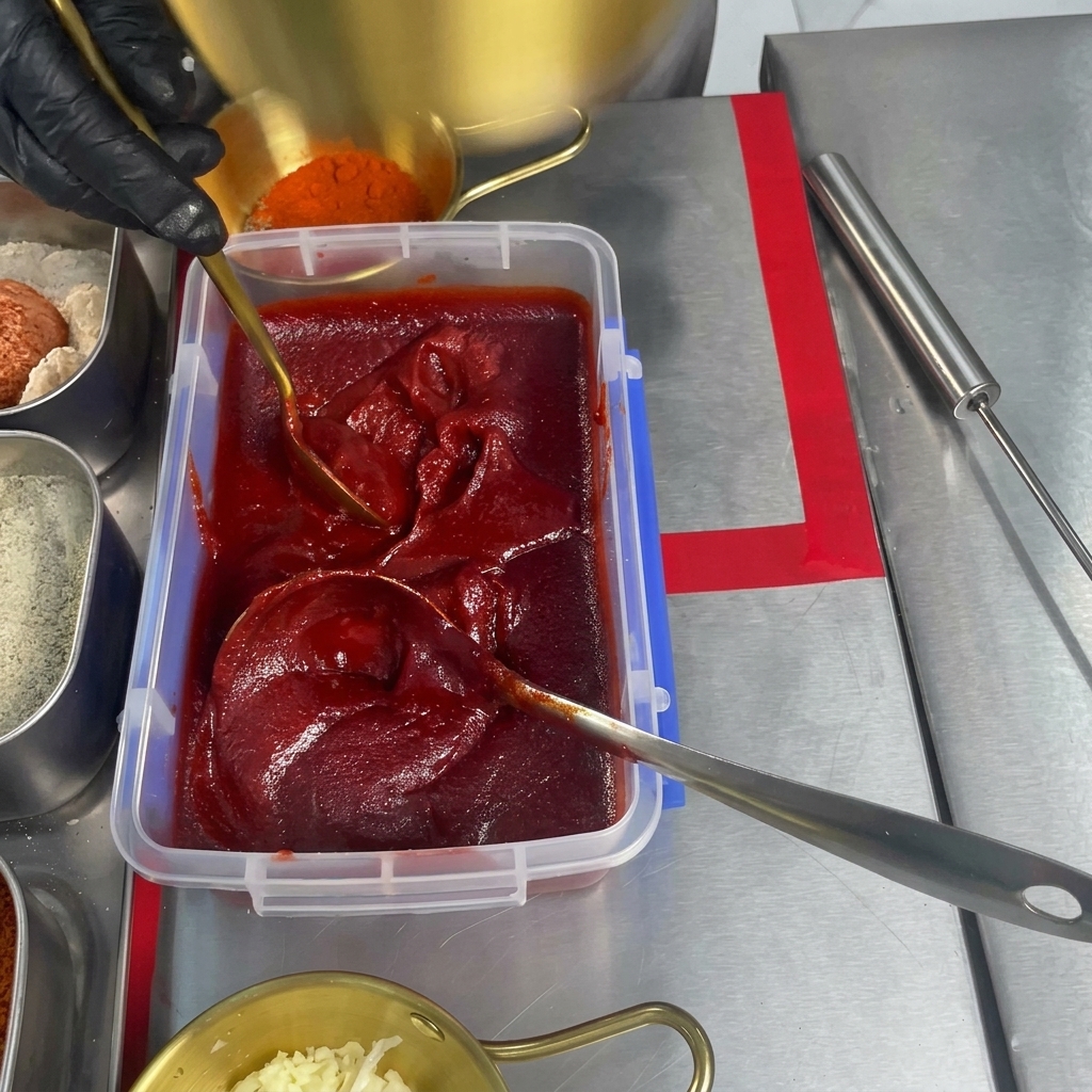 Un cucchiaio di metallo raccoglie della pasta di peperoncino rosso densa da un grande contenitore per aggiungerla in una ciotola separata.