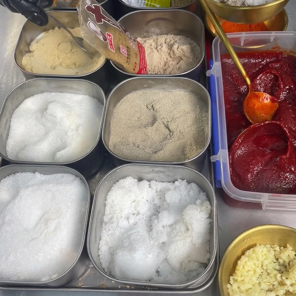 Dosaggio di vari condimenti secchi e pepe nero in polvere in una ciotola di metallo con pasta di peperoncino e zucchero bianco.