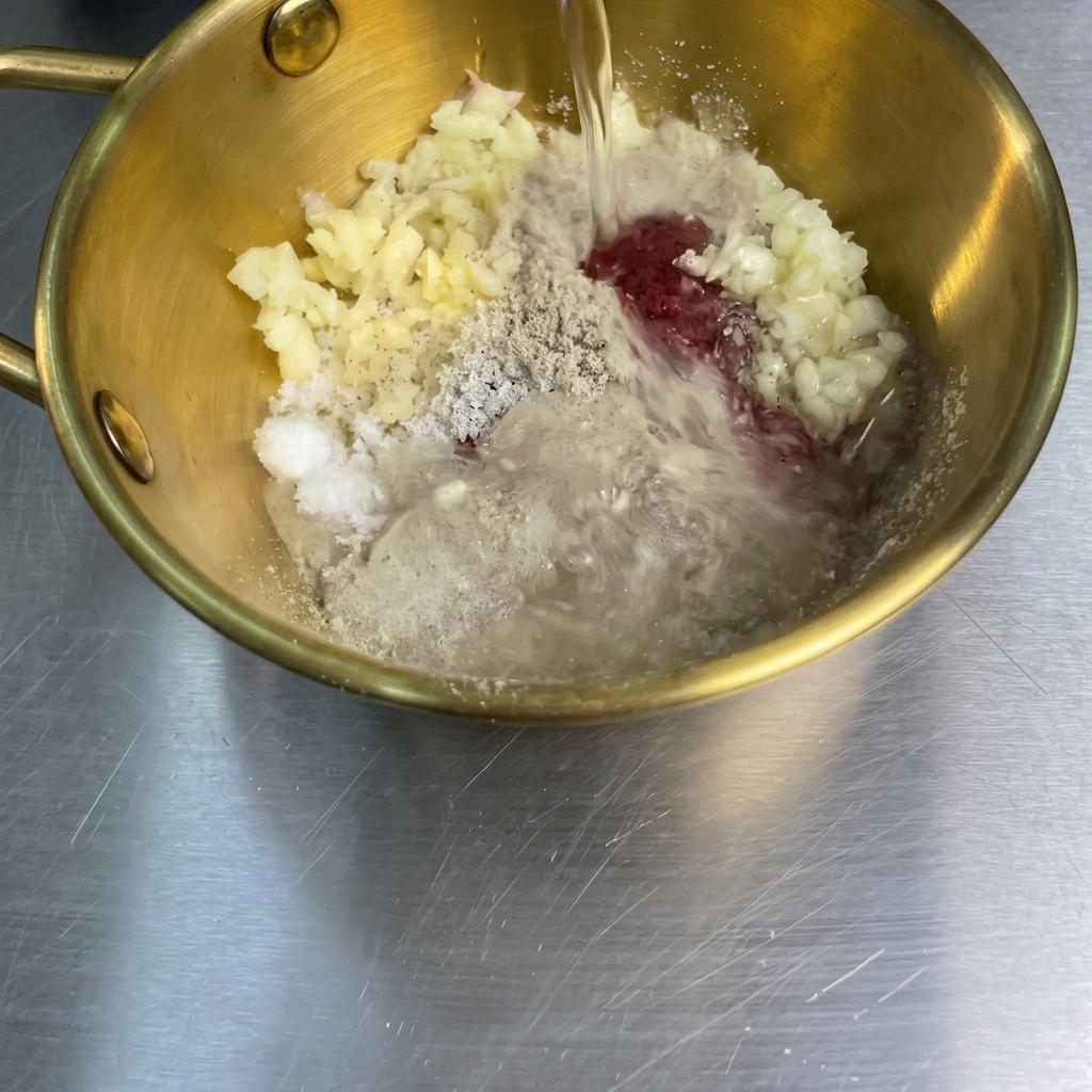 Della gassosa trasparente viene versata dallalto in una ciotola dorata contenente aglio tritato, pasta di peperoncino rosso e spezie.