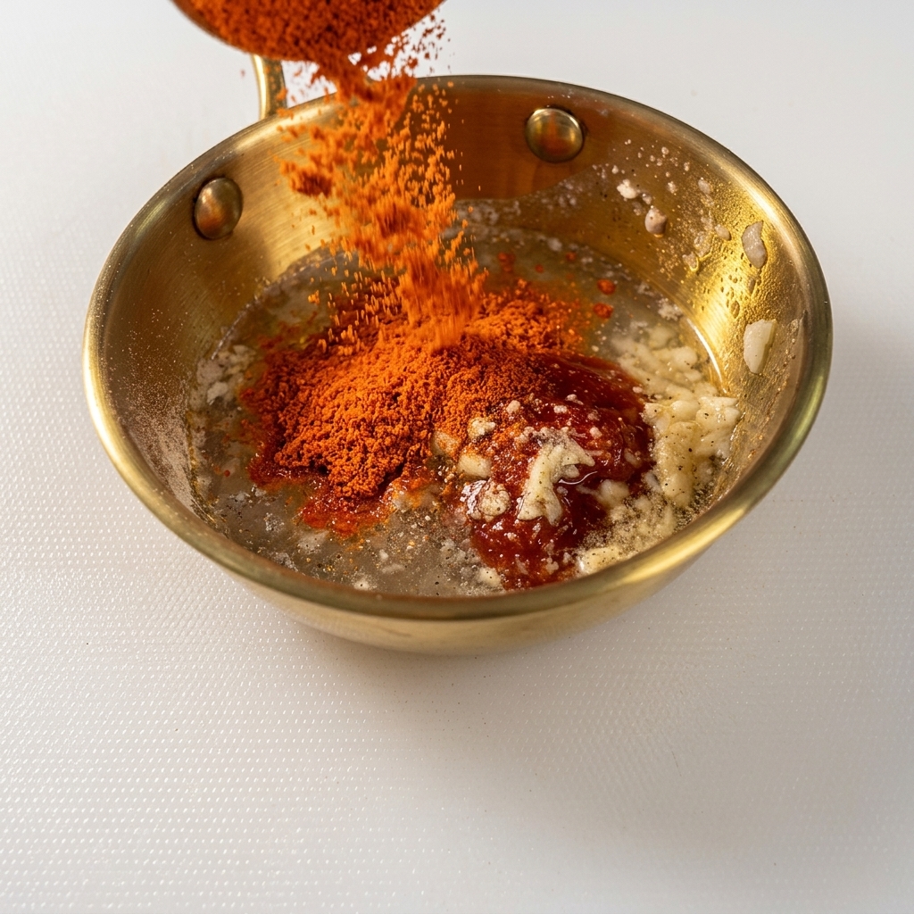 Peperoncino in polvere rosso brillante viene versato in una ciotola dorata con aglio, zucchero e liquido.