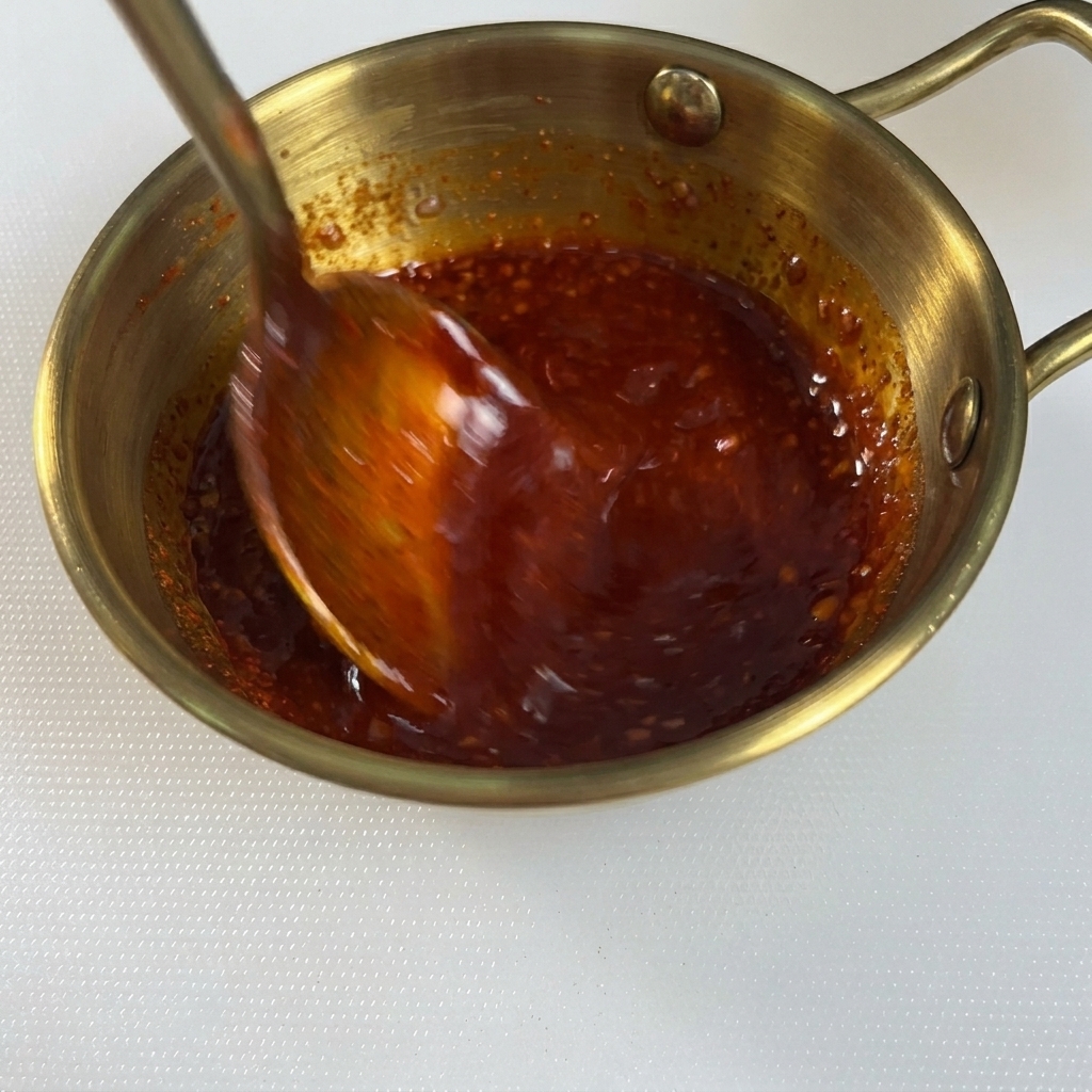 Un cucchiaio di metallo mescola una densa salsa rosso vivo allinterno di una ciotola dorata.