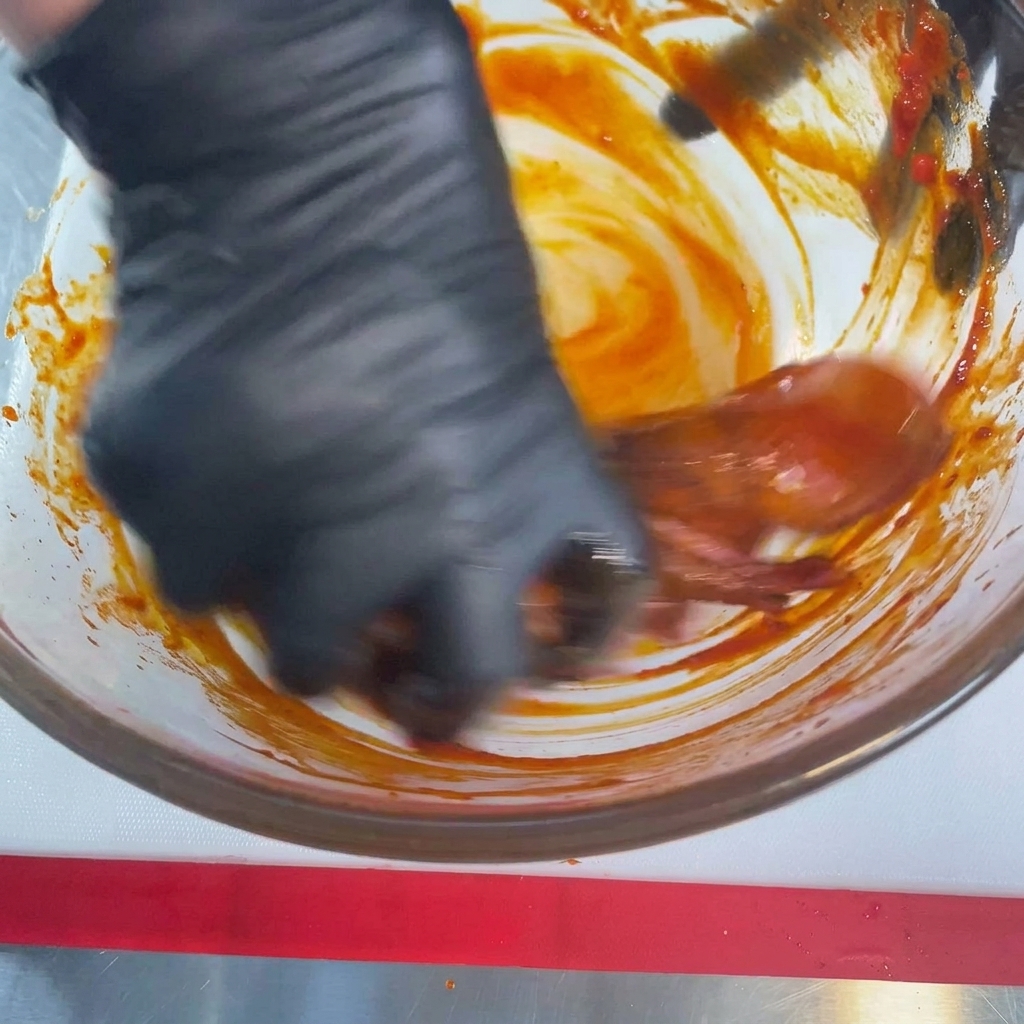 Una mano con un guanto nero massaggia e copre accuratamente il calamaro crudo con una densa salsa piccante rossa dentro una ciotola di vetro.