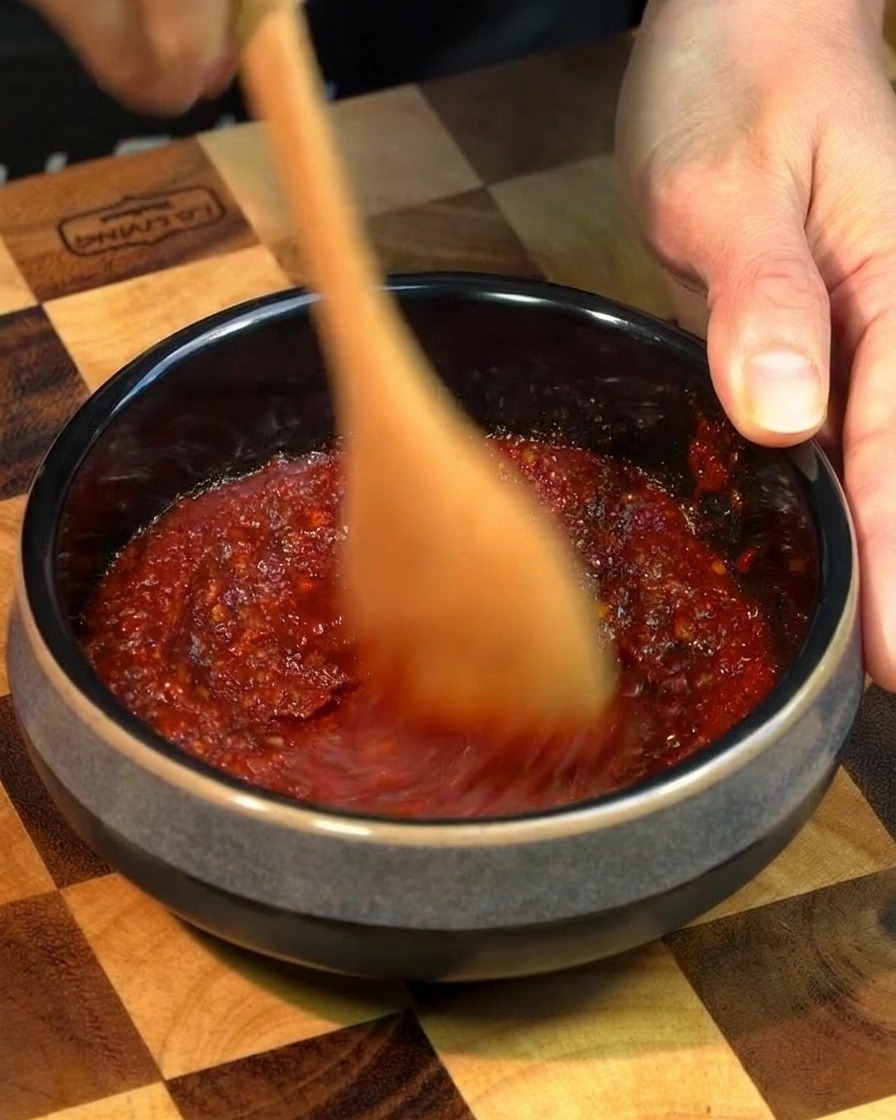 Una mano mescola una densa pasta di condimento al peperoncino rosso in una piccola ciotola di ceramica scura usando un cucchiaio di legno.