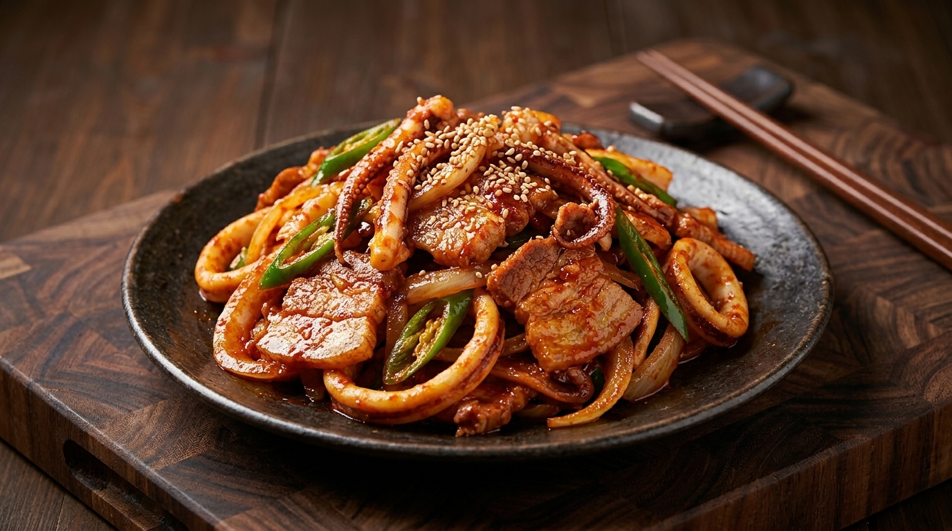 Osam-Bulgogi: Calamari e Pancetta Piccanti Saltati alla Coreana
