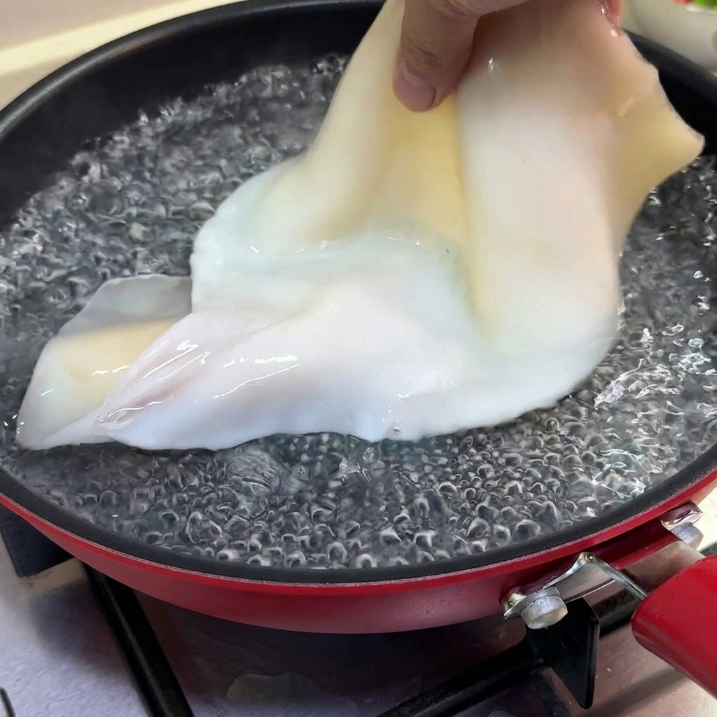 Un calamaro intero pulito viene immerso a mano in una pentola dacqua bollente.
