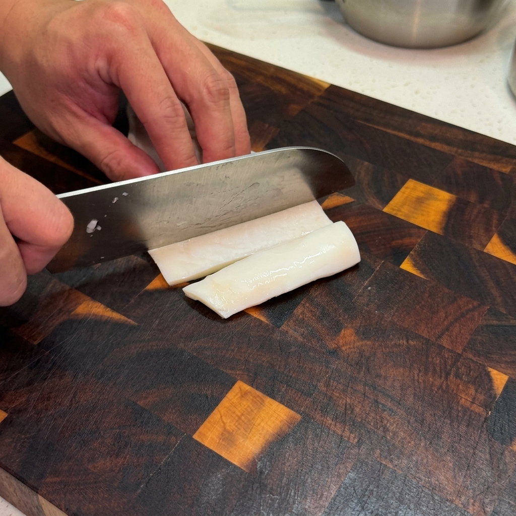 Una persona taglia a strisce un pezzo di calamaro bianco sbollentato su un tagliere di legno scuro.