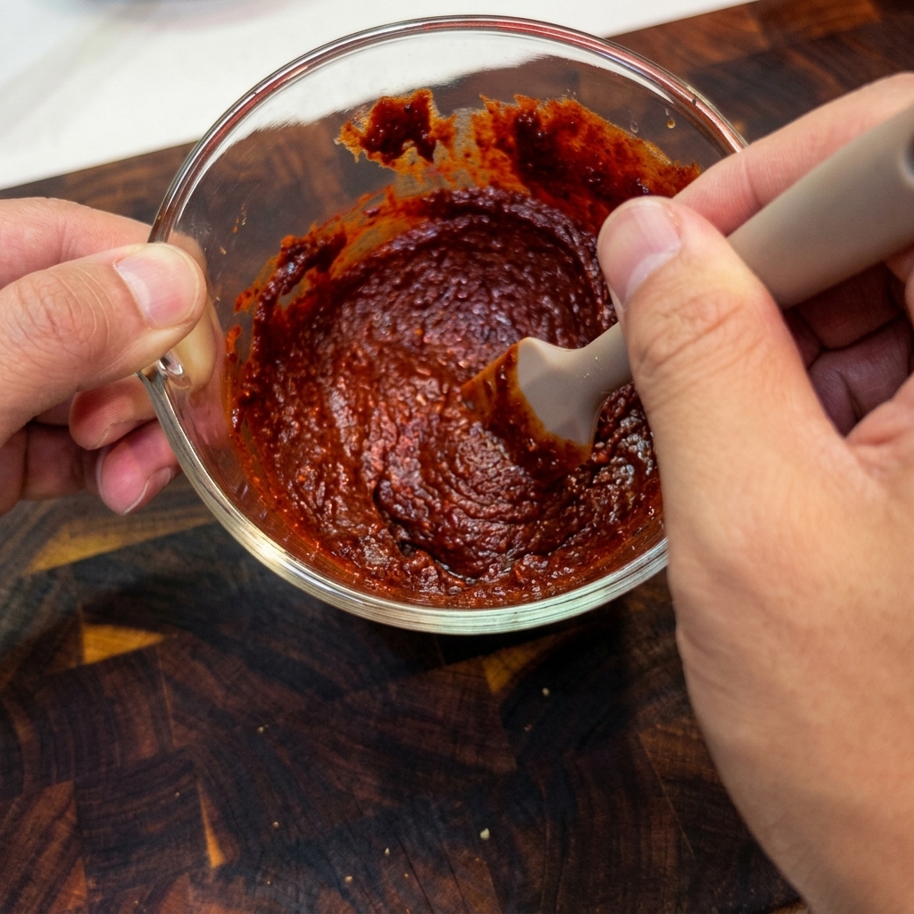 Mani che mescolano una densa salsa rossa al peperoncino in una ciotola di vetro usando una spatola.