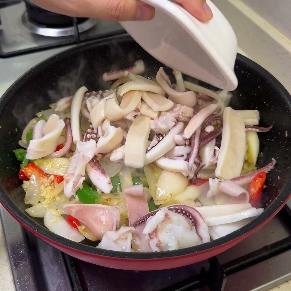 Calamari sbollentati e pancetta di maiale che vengono aggiunti da una ciotola nella padella con le verdure saltate.
