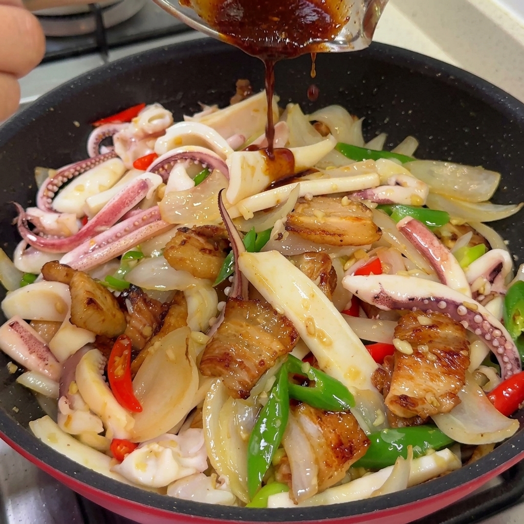 Una densa salsa al peperoncino rosso scuro che viene versata in padella sopra i calamari, la pancetta e le verdure.