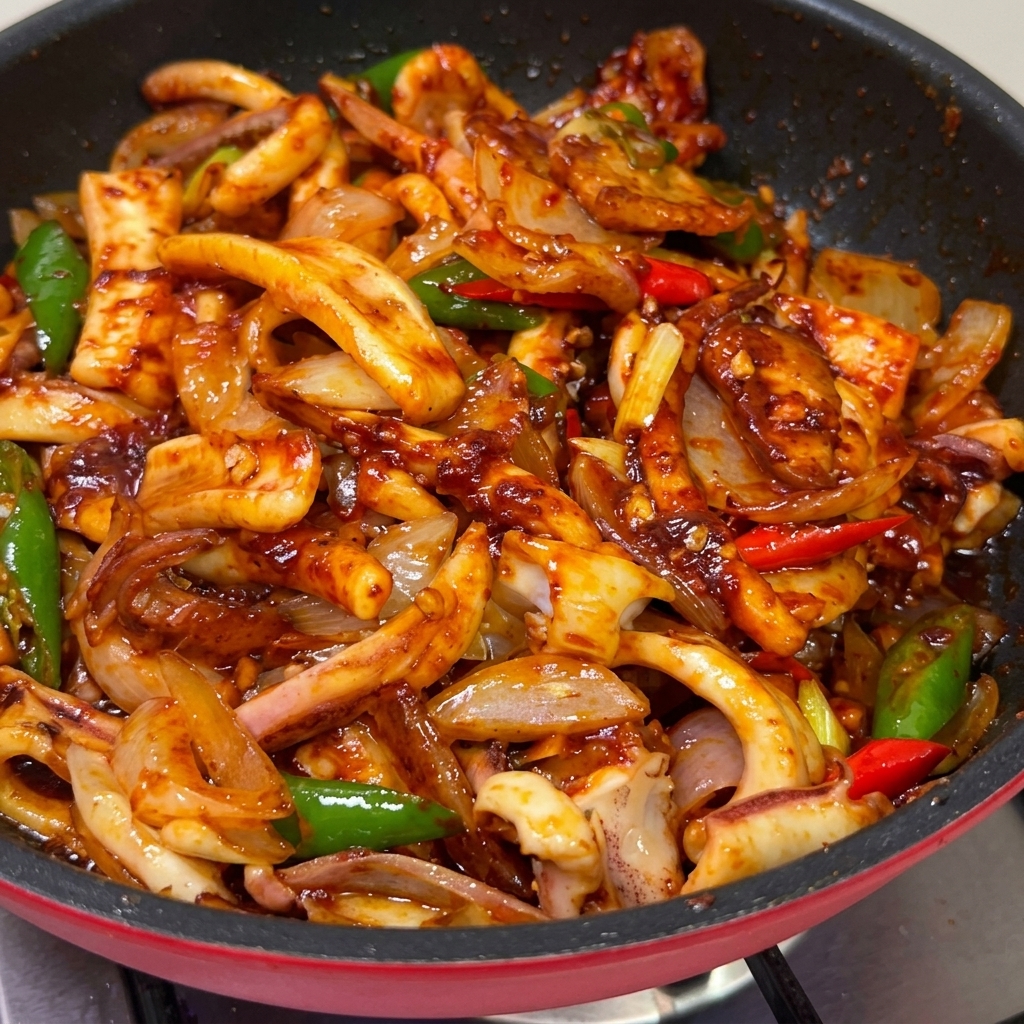 Calamari, pancetta di maiale e verdure in padella completamente avvolti da una vivace e lucida salsa rossa al peperoncino.