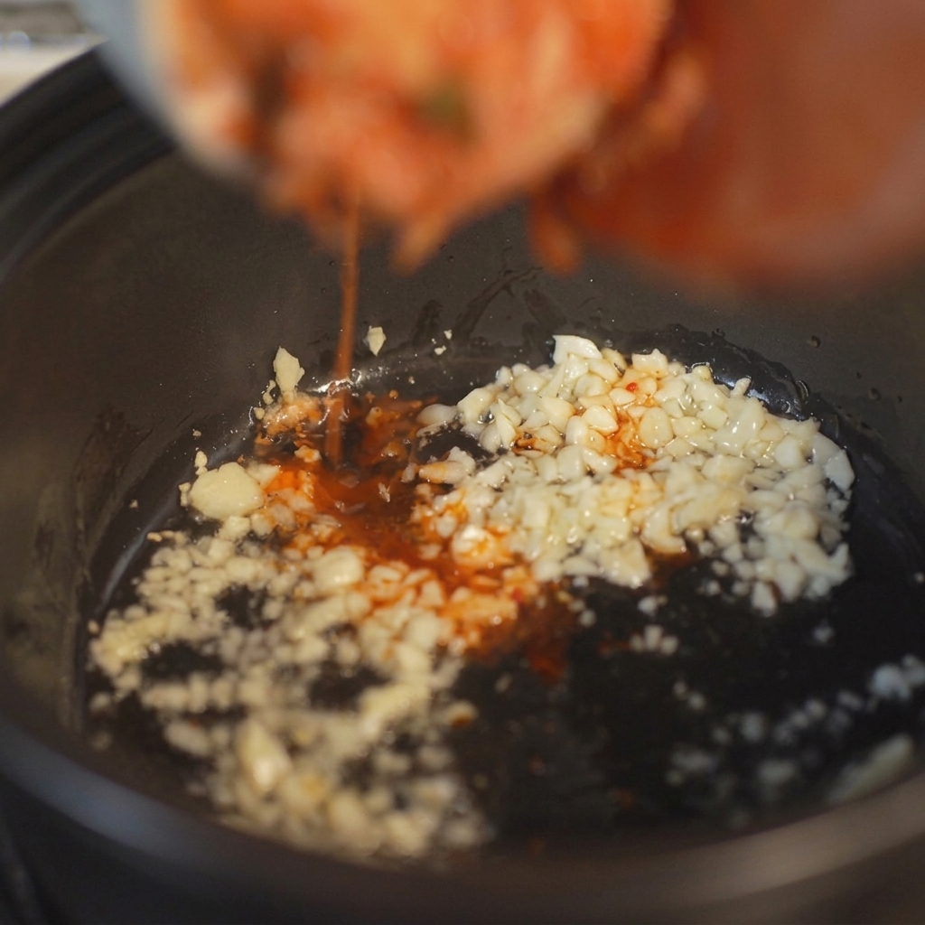 Kimchi tritato con il seu succo rosso versato da una ciotola in una pentola di terracotta con laglio soffritto.