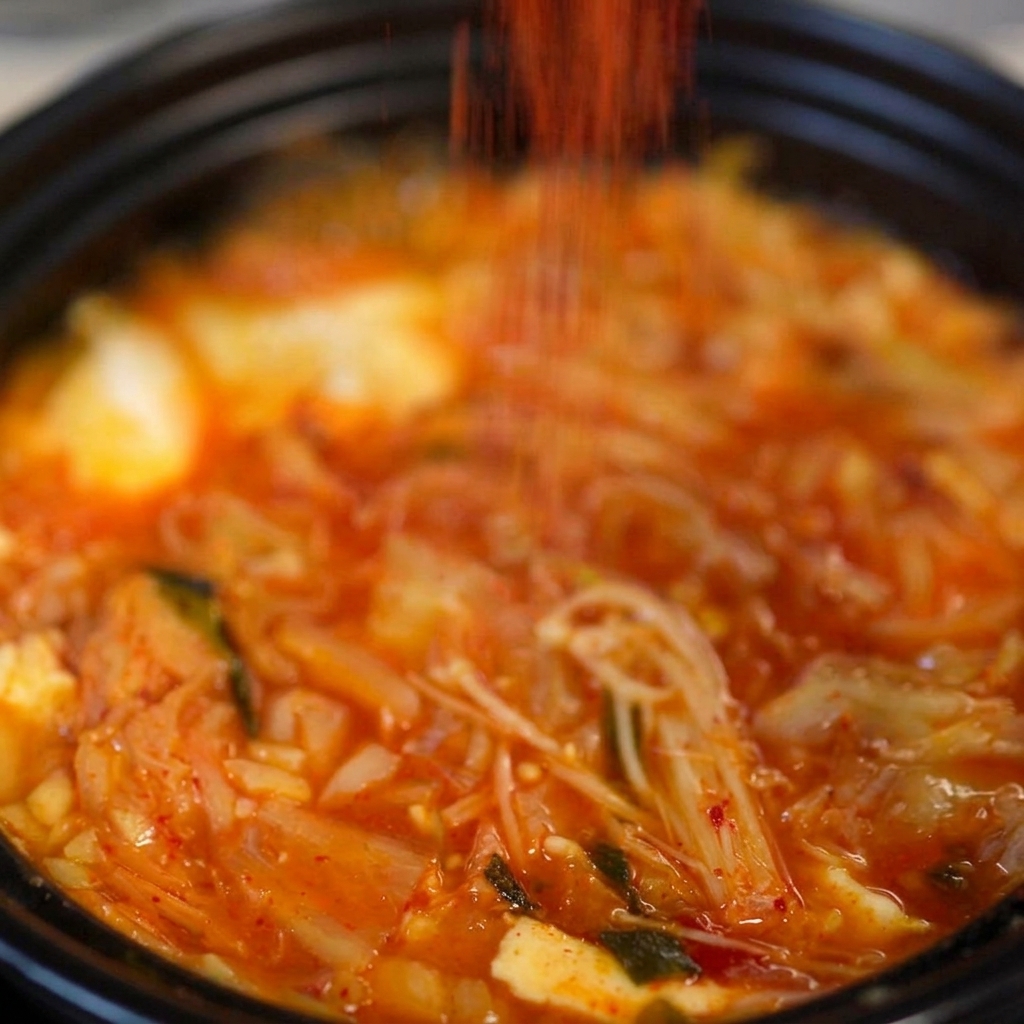 Un cucchiaio di peperoncino coreano in fiocchi spolverato direttamente nel brodo rosso della zuppa di kimchi.